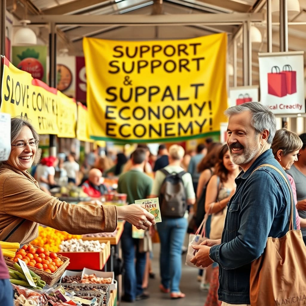 지역화폐를 사용하여 지역 상점에서 물건을 구매,판매하는 장면.