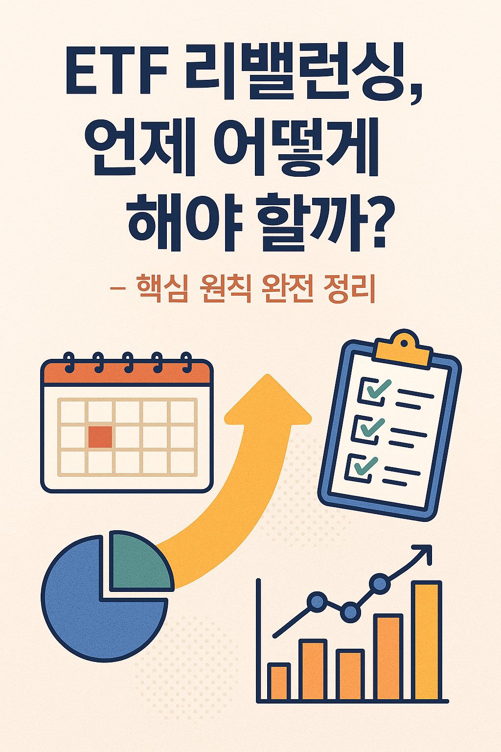 ETF 리밸런싱 개념을 시각적으로 표현한 썸네일 &ndash; 시계, 포트폴리오 분할 그래프, 체크 아이콘이 포함된 플랫 스타일 일러스트