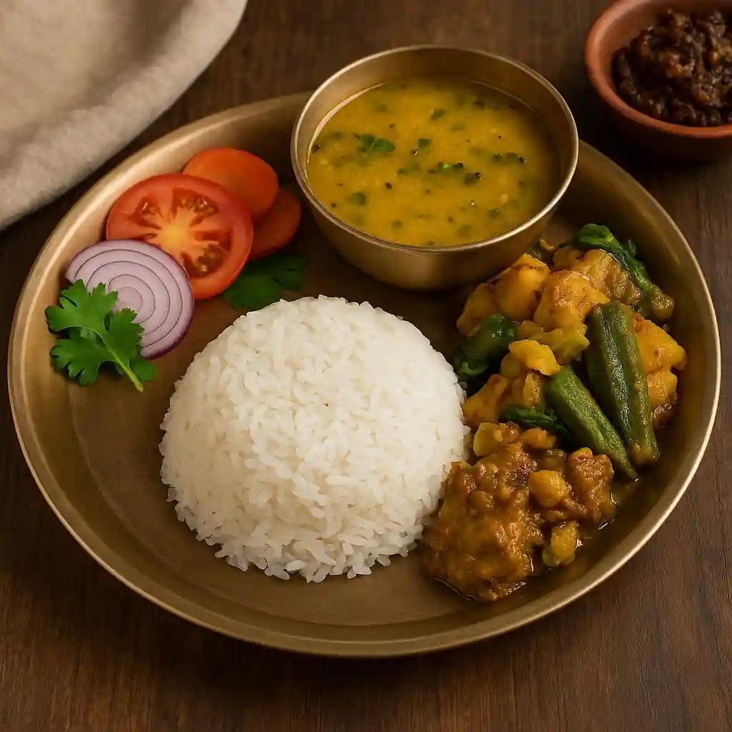 네팔의 음식인 쌀밥과 렌틸콩볶음이 한접시에 담겨있는 달바트 사진