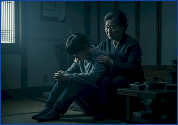 조현병 진단 후 절망에 잠긴 한국인 환자와 걱정하는 가족의 모습을 묘사한 사실적인 일러스트. 어두운 방에 한 줄기 빛이 들어와 희망을 암시합니다.