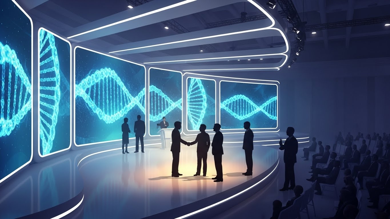 Concept art of a global healthcare conference stage, silhouettes of people shaking hands for a deal, DNA helix hologram in the background, professional business atmosphere