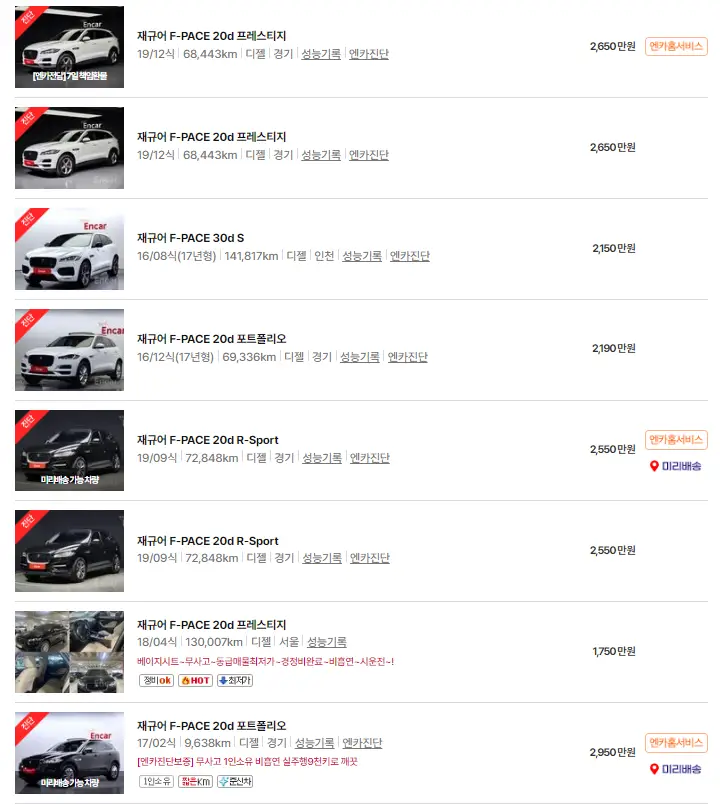재규어 F-PACE (16년 ~ 현재) 중고차 가격