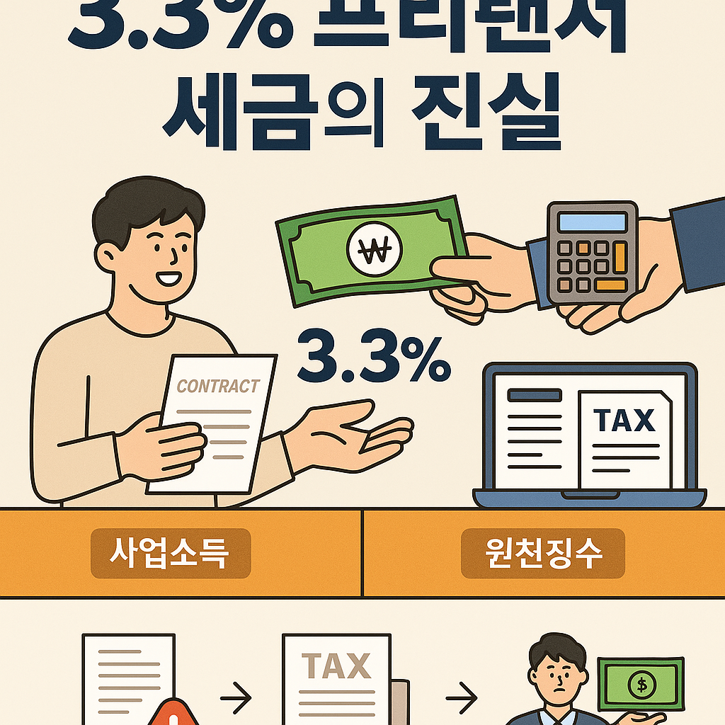 프리랜서가 받는 3.3% 세금의 실체를 설명하는 인포그래픽 – 원천징수, 종합소득세, 사업소득 개념을 시각적으로 정리한 이미지