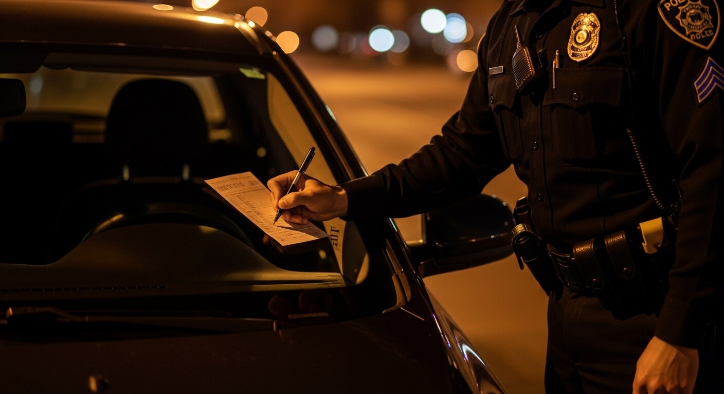 경찰관이 야간 도로에서 차량에 과태료를 부과하는 장면