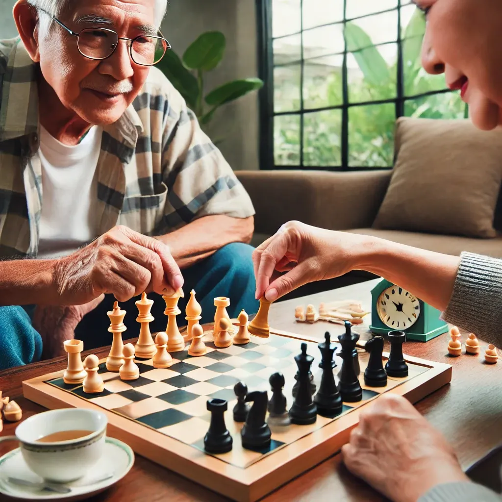 체스를 두며 전략적 사고를 통해 치매 예방을 위한 두뇌 자극 활동을 하고 있는 노인, 편안하고 캐주얼한 환경에서 사회적 상호작용을 통한 인지 자극을 촉진하는 장면