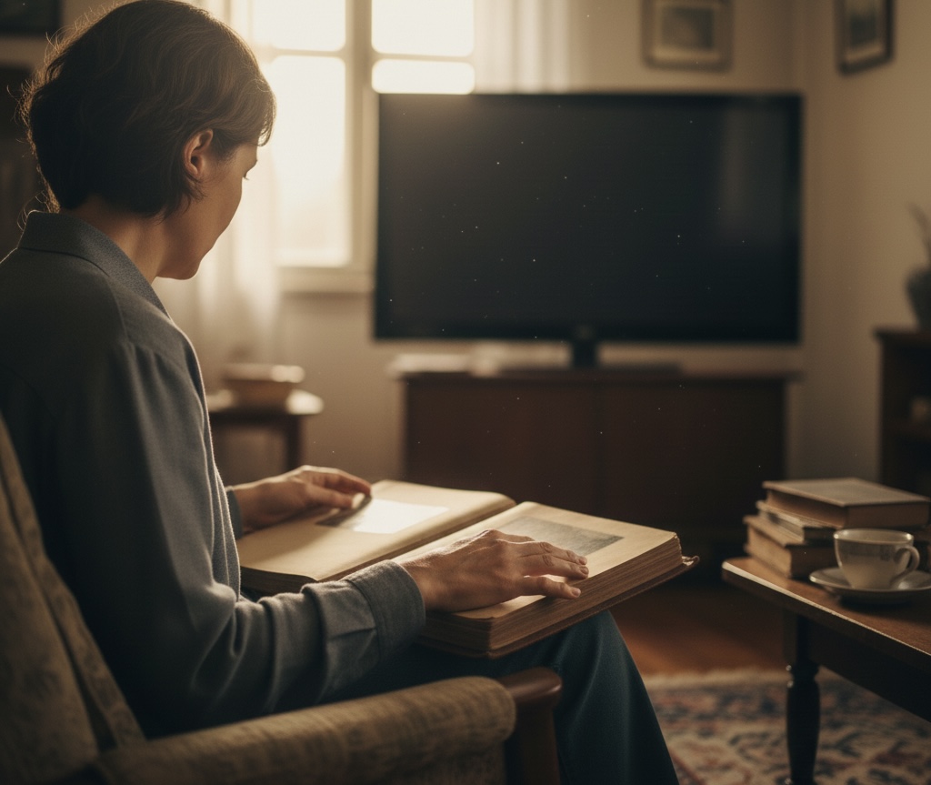예전에 좋아했던 기억을 떠올리며 조용히 앉아 있는 뒷모습