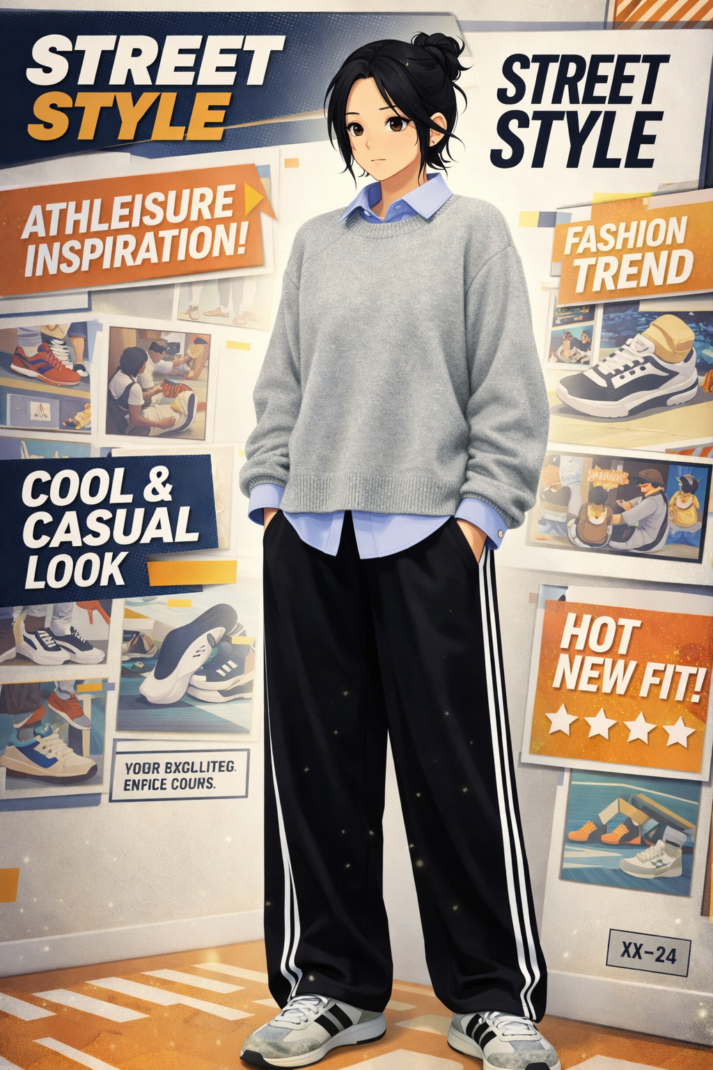 . shirt knit track pants outfit
smart casual track style look
minimal banding pants outfit