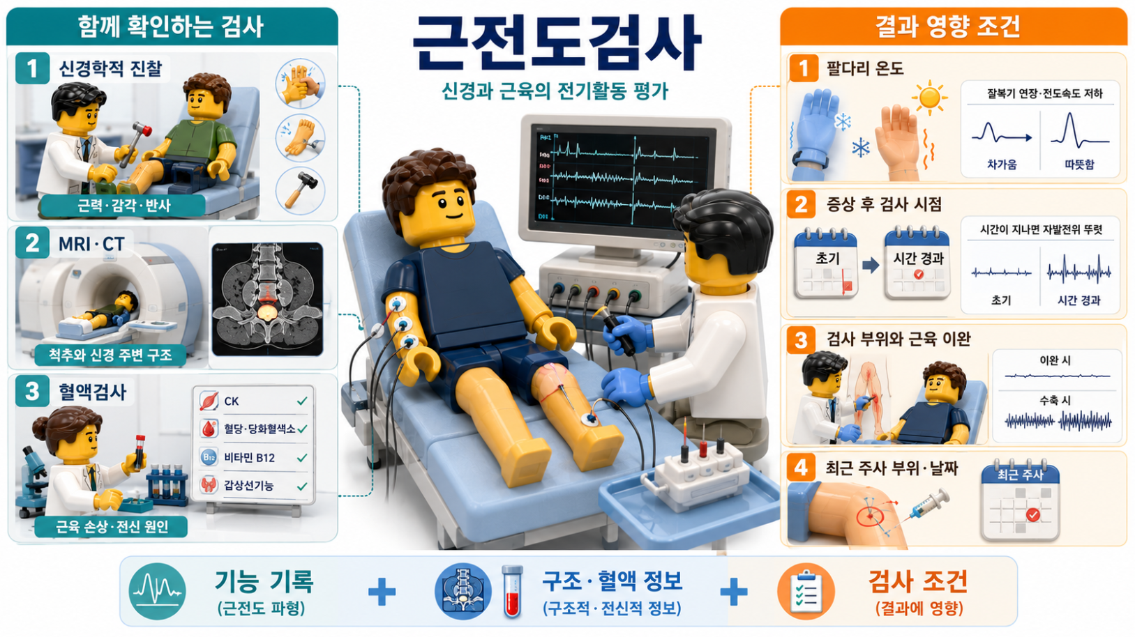 근전도검사와 함께 확인하는 검사 및 결과에 영향을 주는 조건을 정리한 의료 인포그래픽