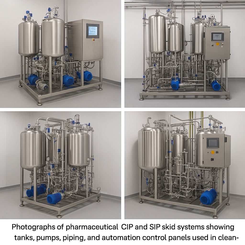 Digital render of pharmaceutical CIP and SIP skid systems with stainless tanks, piping, blue pumps, and control panels arranged in a cleanroom layout