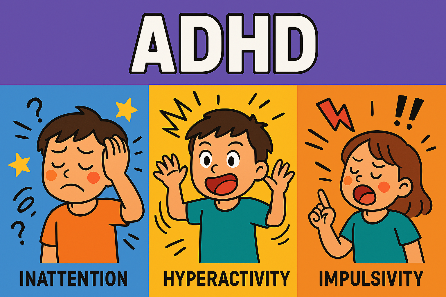 ADHD 3가지 유형에 대한 그림으로 남자아이와 2명과 여자아이가있다.