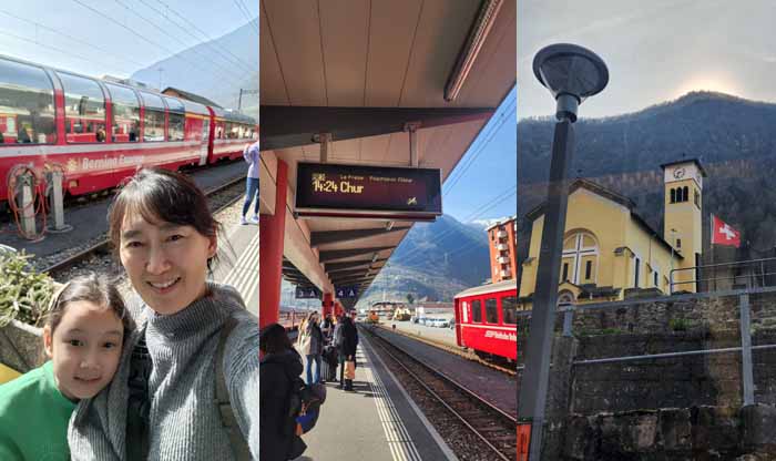 티라노역에서 출발하는 베르니나 익스프레스, 우리를 싣고 스위스 국경을 지나는 기차