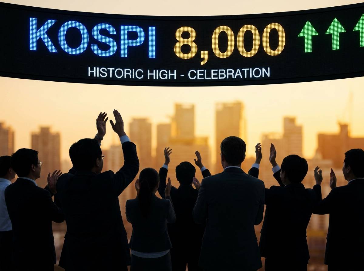 화려한 전광판에 코스피 8,000 숫자가 크게 적혀 있고, 주변에 환호하는 투자자들의 실루엣이 보이는 세련된 이미지
