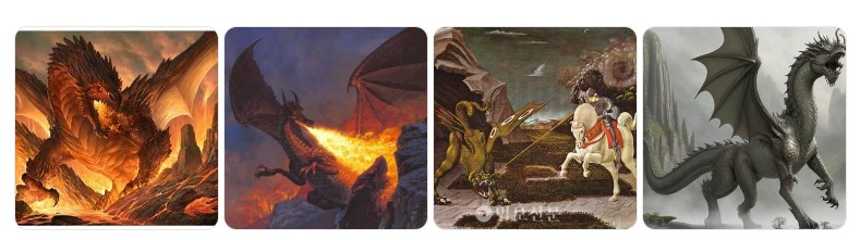 불을 뿜는 서양 드래곤과 성 게오르기우스 전설 등 파괴적 용의 상징을 보여주는 이미지