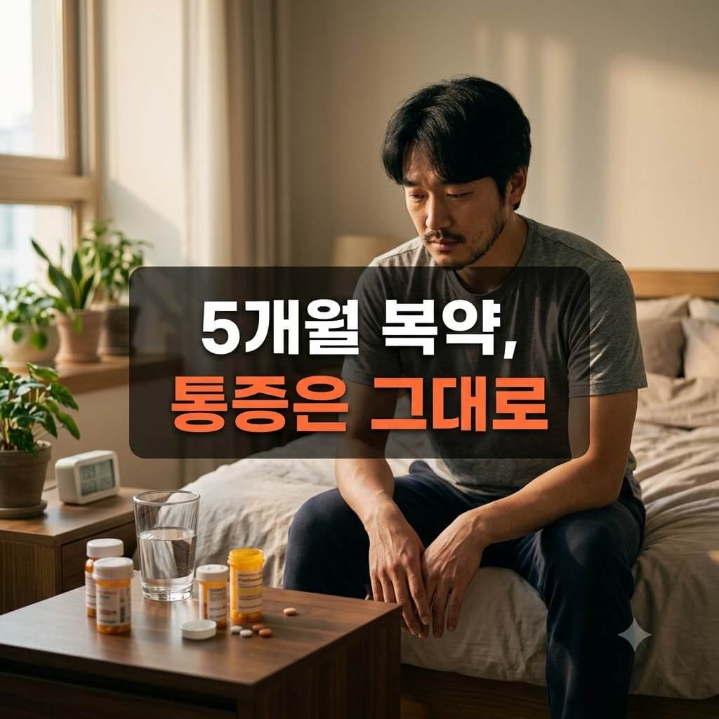 복약중에도 통증으로 인해 좌절하고 있는 중년남성의 모습