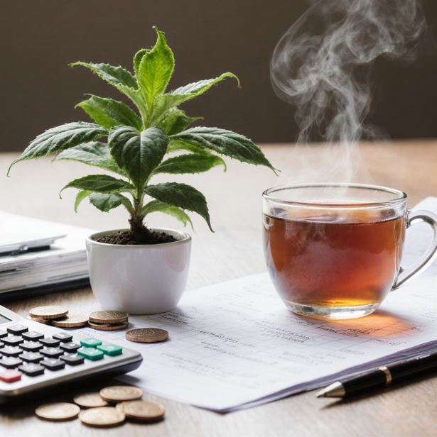 책상 위에 펼쳐진 가계부, 계산기, 동전들과 함께 작은 녹색 식물과 김이 나는 차 한 잔이 조화롭게 배치된 모습