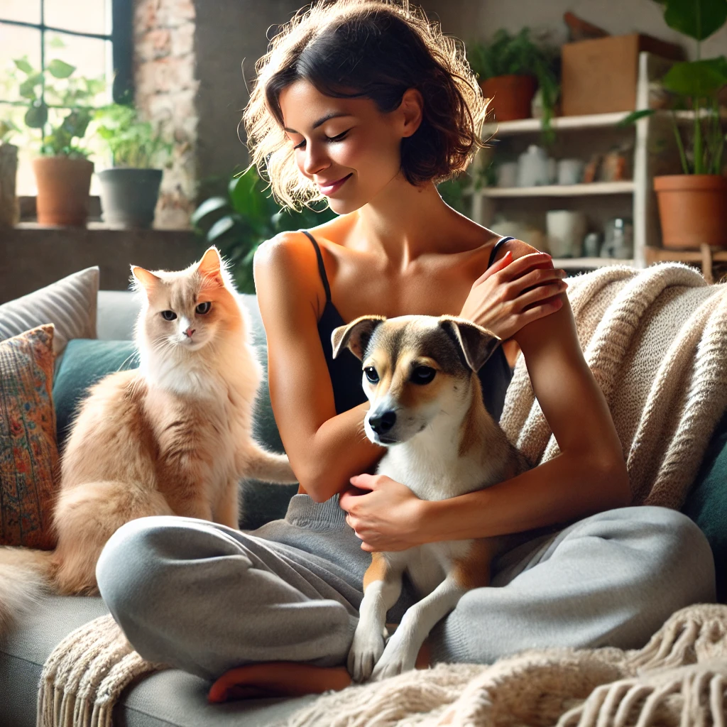 개와 고양이와 알러지를 관리하며 스킨십하며 지내는 사람 그림