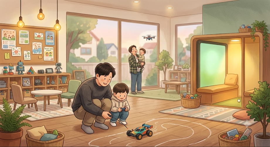 아빠와 아이가 함께 RC카와 드론을 체험하며 자연스럽게 어울리는 상상 속 아빠 전용 활동센터 일러스트