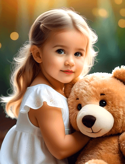 하얀 반팔원피스를 입은 금발머리 여자아이가 갈색 곰인형을 안고 정면을 바라본다.