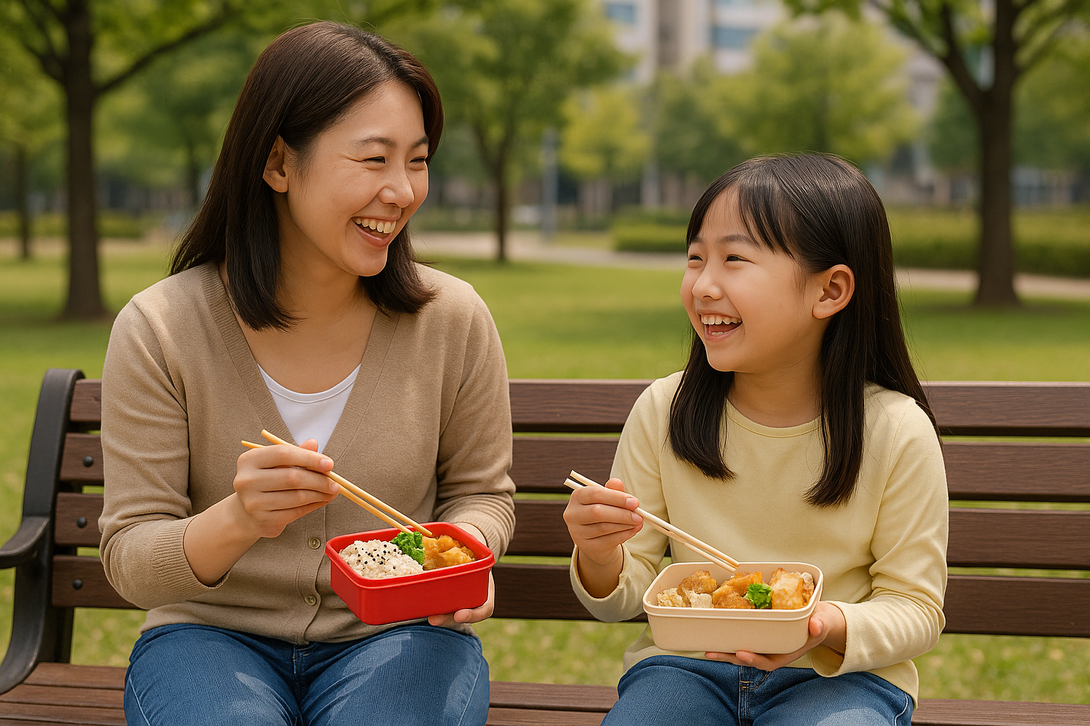 공원 벤치에 앉은 한국인 엄마와 8세 딸이 도시락을 먹으며 서로를 바라보며 환하게 웃고 있다. 두 사람 모두 젓가락을 들고 있으며, 도시락에는 밥과 반찬이 정갈하게 담겨 있다. 배경에는 나무와 잔디가 어우러진 평화로운 풍경이 펼쳐져 있어 따뜻한 가족의 유대감이 느껴진다.