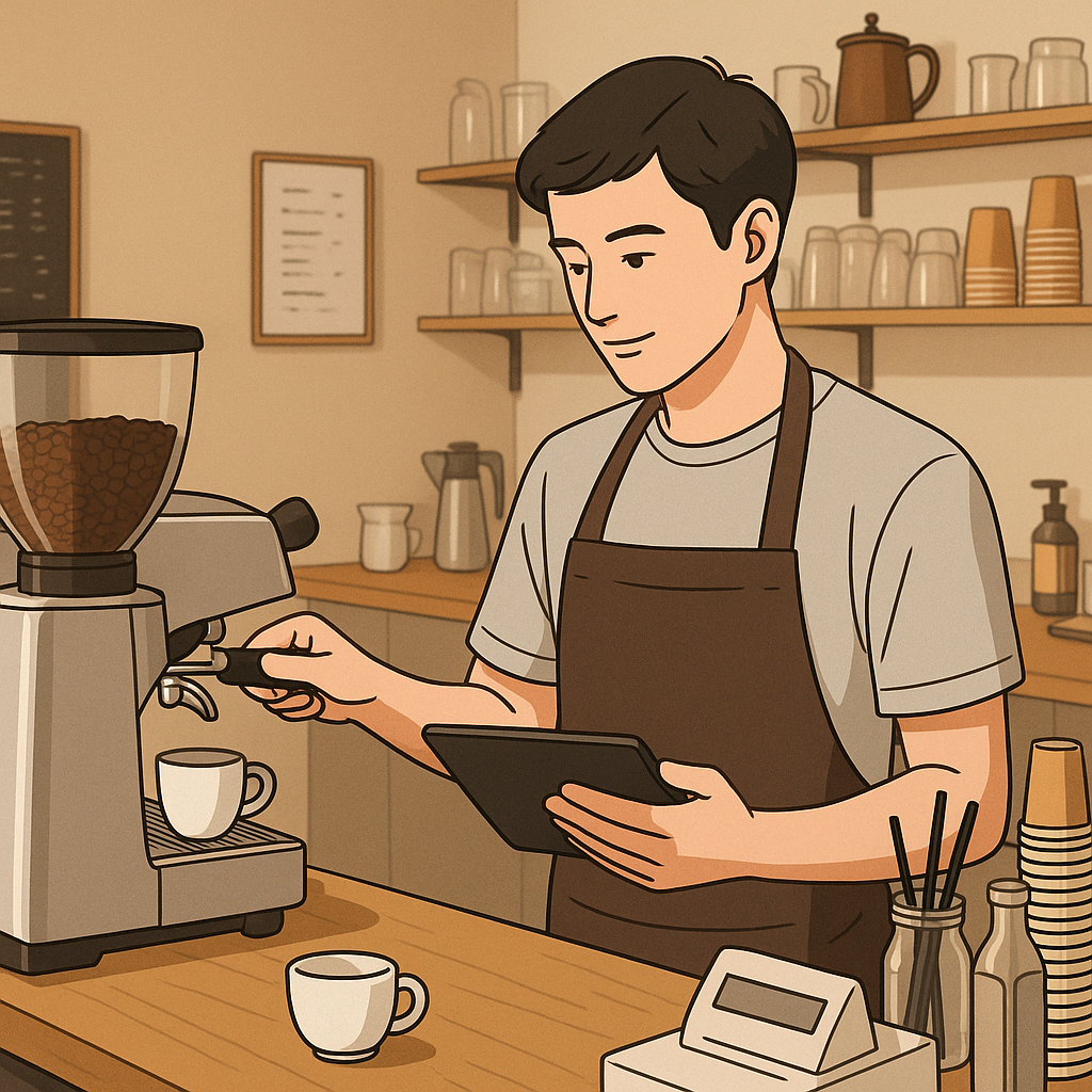 카페에서 커피 내리고 있는 남자