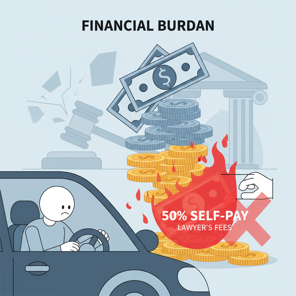 운전자보험 자기부담금 50% 신설로 인해 운전자가 부담해야 할 실제 비용이 크게 늘어났음을 보여주는 이미지. 돈 더미 중 절반 이상을 본인이 부담해야 하는 상황을 추상적인 인물과 금융 상징으로 표현.
