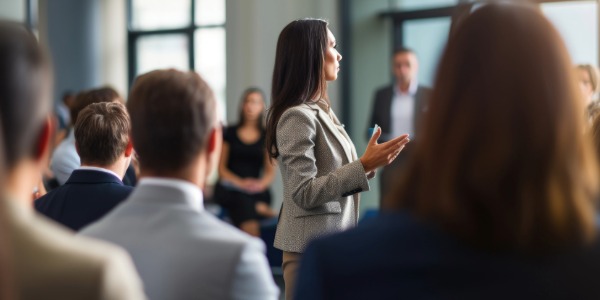 비즈니스 정장을 입은 여성이 청중 앞에서 연설하는 모습