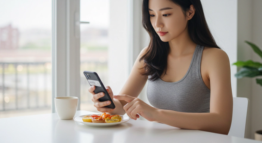 스마트폰으로 식단을 기록하는 한국인 여성
