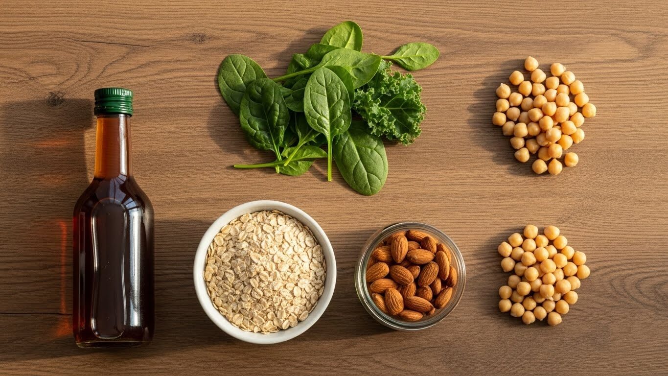 식초, 시금치, 케일, 귀리, 아몬드, 병아리콩 등 혈당 낮추는 슈퍼푸드 재료를 나열한 이미지
