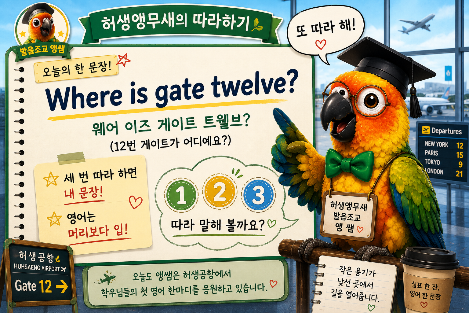 허생학당 공식 발음조교 허생앵무새 앵쌤이 공항 영어 문장 "Where is gate twelve?"를 가르치며 학우들에게 따라 말하기를 안내하는 모습