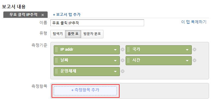 애널리틱스 맞춤 보고서 만들기 측정 항목 추가