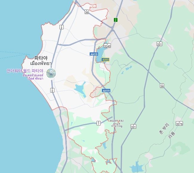 파타야 해변과 주요 고속도로를 중심으로 구성된 태국 파타야 상세 지도