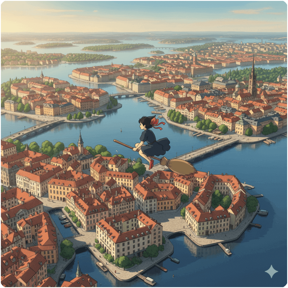 alt="검은 머리와 빨간 리본을 한 소녀 키키가 붉은 지붕의 유럽 해안 도시 위를 날아가는 모습을 표현한 일러스트."