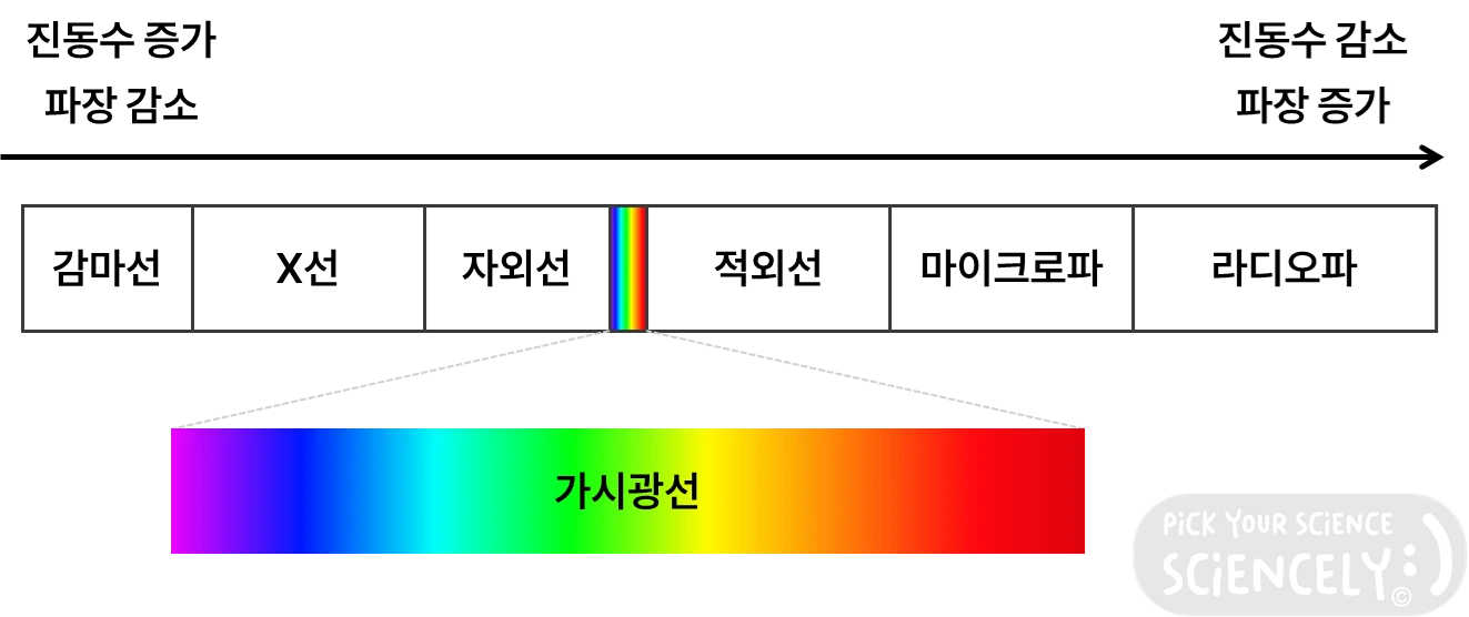 빛의 스펙트럼, 감마선, X선, 자외선, 가시광선, 적외선, 마이크로파, 라디오파, 진동수, 파장