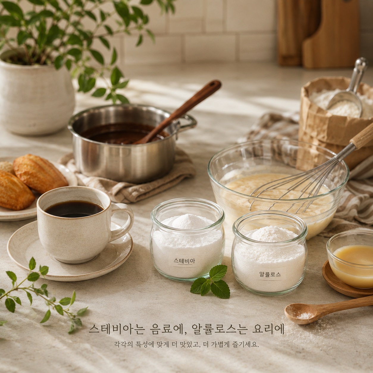 커피와 요리 베이킹에서 알룰로스와 스테비아를 사용하는 모습