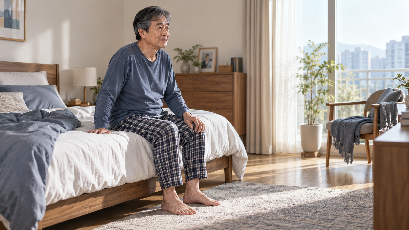침대 가장자리에 앉아 천천히 일어날 준비를 하는 중년 남성