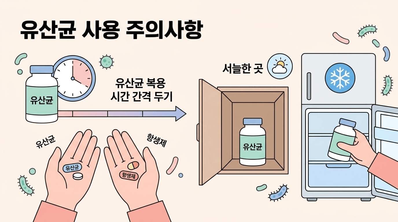 유산균 섭취 주의사항과 보관 방법을 정리한 건강 정보 일러스트