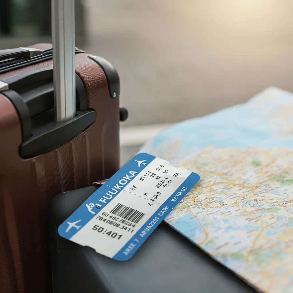 후쿠오카 항공권과 캐리어 가방 그리고 지도