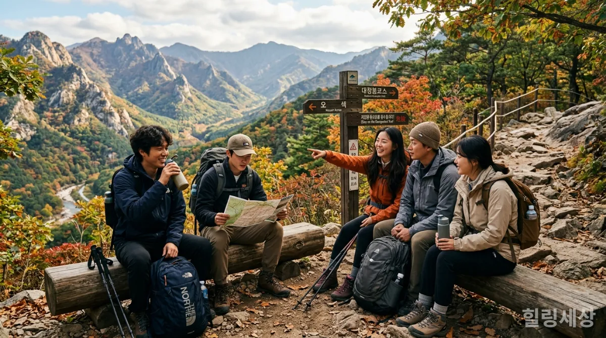 트레킹 중 안전 수칙을 지키며 휴식하는 친구들