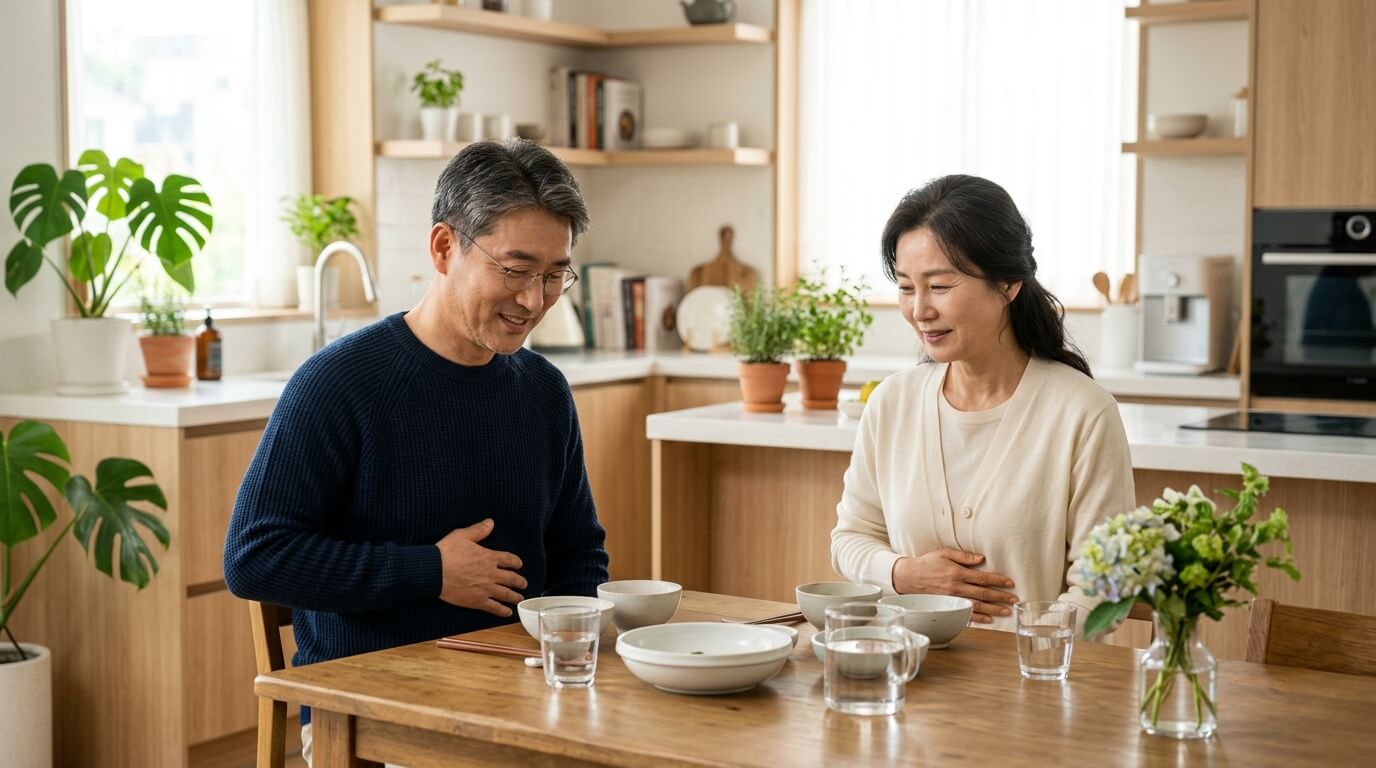 식사 후 소화 불편감을 느끼는 중년 남녀의 모습