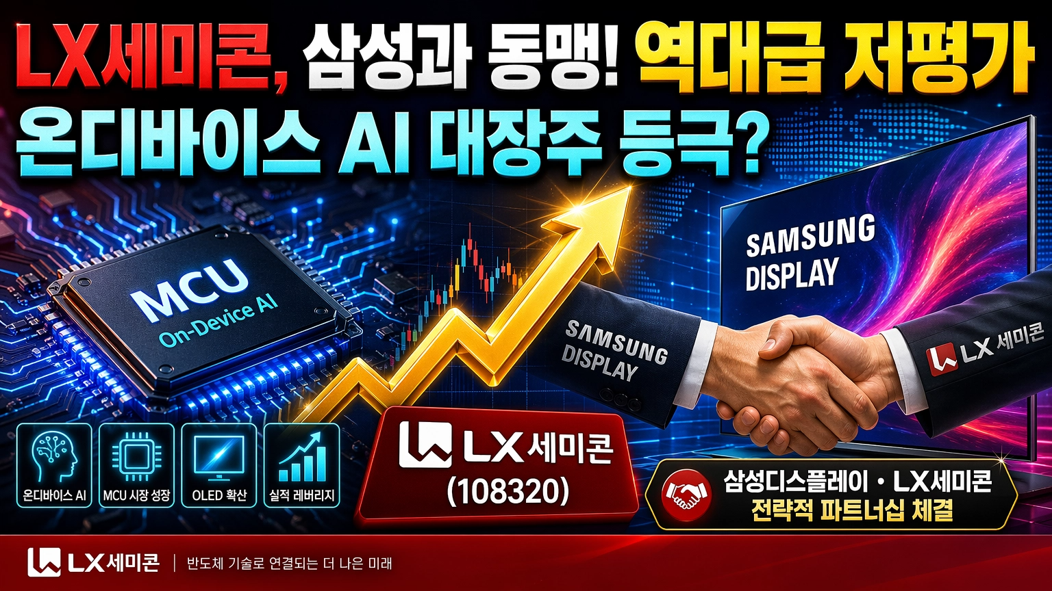 LX세미콘(108320) 분석 내용을 바탕으로 제작한 썸네일 이미지입니다.
이미지 구성 상세:
핵심 문구: 'LX세미콘, 삼성과 동맹! 역대급 저평가', '온디바이스 AI 대장주 등극?'이라는 카피를 배치하여 삼성디스플레이와의 협력 및 신사업 기대감을 강조했습니다.
시각적 요소:
왼쪽: 온디바이스 AI의 핵심인 MCU(마이크로컨트롤러유닛) 칩을 배치하여 미래 성장 동력을 시각화했습니다.
오른쪽: 삼성디스플레이와 LX세미콘의 전략적 파트너십을 상징하는 악수 장면과 OLED 화면을 담아 고객사 다변화 모멘텀을 나타냈습니다.
중앙: 강력하게 우상향하는 황금색 화살표를 통해 주가 반등에 대한 긍정적인 전망을 표현했습니다.