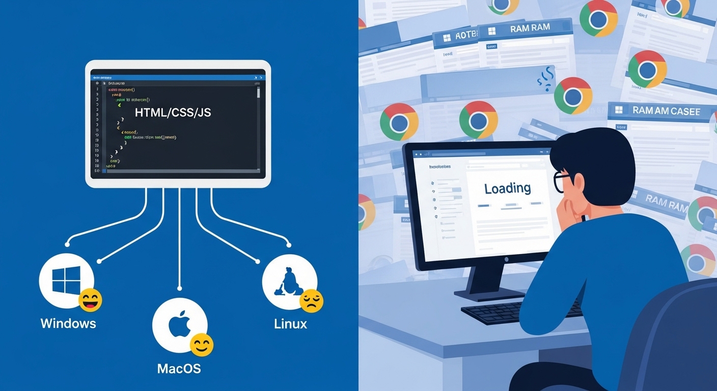 개발자의 효율적인 웹 기술 사용과 그로 인해 고통받는 사용자의 모습을 대비하여 보여주는 이미지.