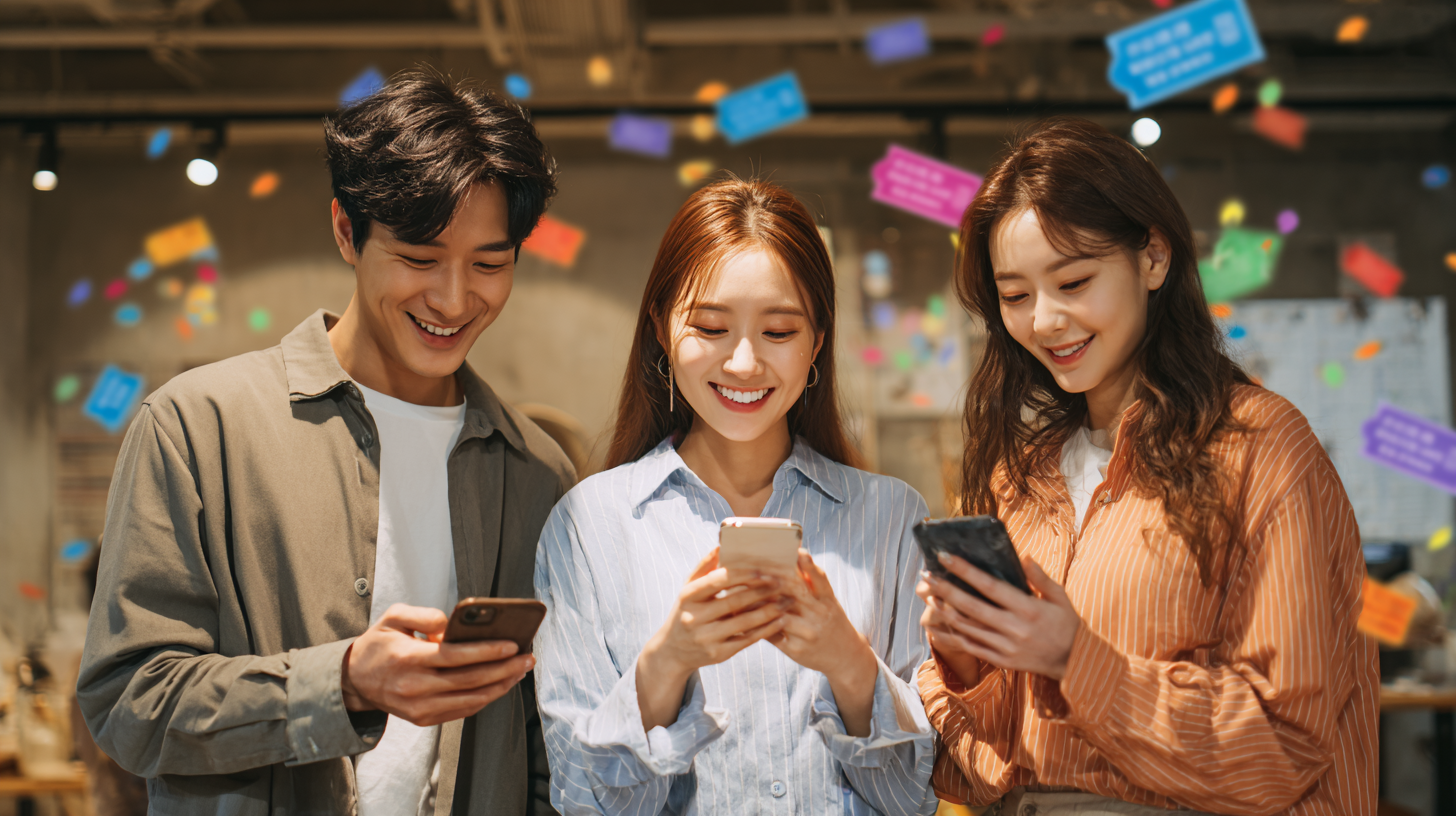 한국인 직장인과 대학생들이 스마트폰 속 예매 페이지를 보며 들뜬 모습