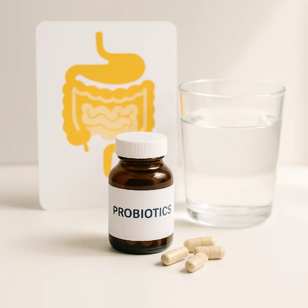 프로바이오틱스 병과 캡슐, 옆에 물컵과 장 건강 일러스트가 배경에 배치된 스튜디오컷