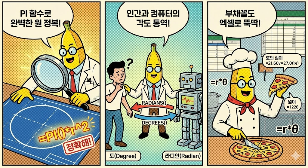 PI &amp; RADIANS: 원의 넓이 구하기와 각도 단위 변환(도 &harr; 라디안)