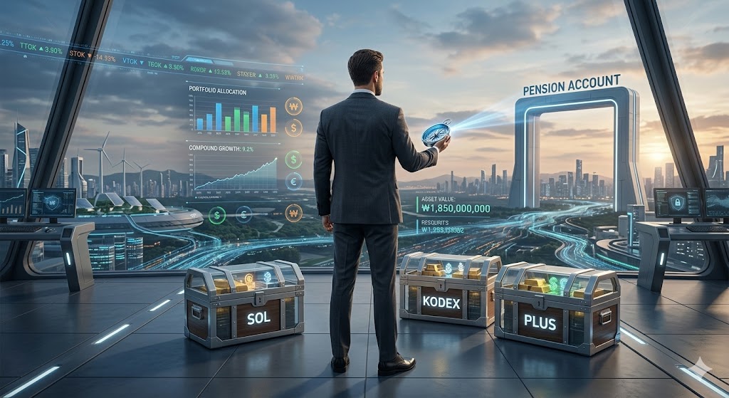 나침반을 들고 세 개의 보물상자(SOL, KODEX, PLUS)를 비교하는 아빠의 뒷모습