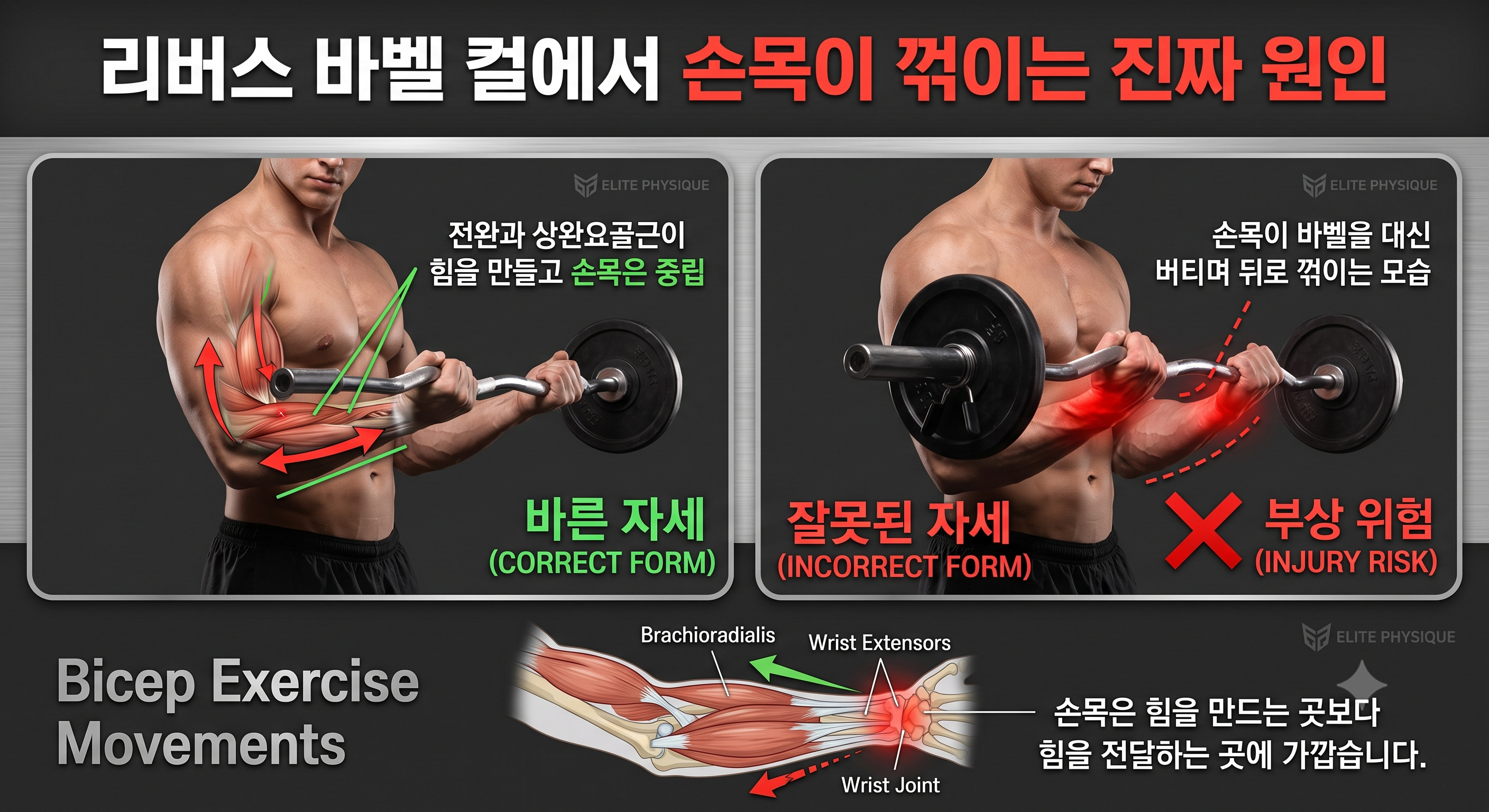 리버스 바벨 컬에서 손목이 꺾이는 진짜 원인