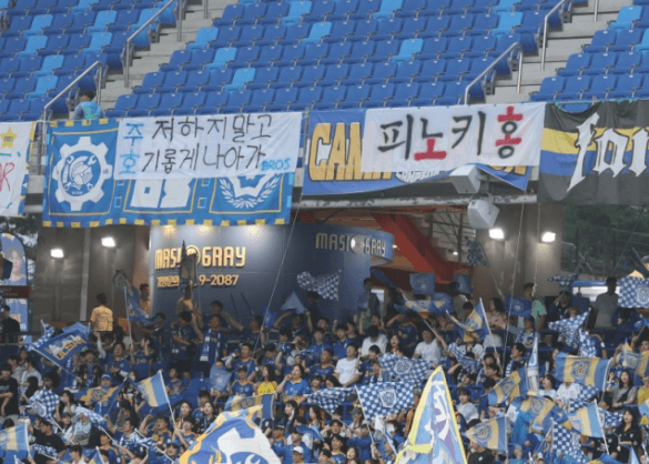 울산 홍명보 감독을 비판하는 '피노키홍' 걸개와 박주호 해설위원을 응원하는 걸개