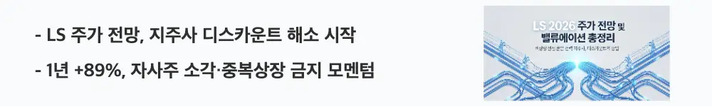 'LS 주가 전망, 지주사 디스카운트 해소 시작'라는 문구가 포함된 웹배너 이미지. 이 이미지는 LS의 1년 89% 상승과 자사주 소각·중복상장 금지 모멘텀을 시각적으로 전달하며, 블로그의 LS 주가 급등 배경과 관련된 내용을 설명함
