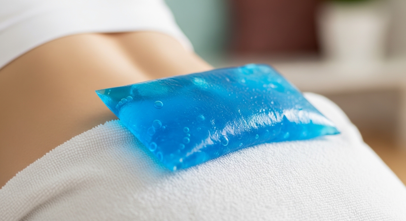 수건으로 감싼 냉찜질 팩을 허리 통증 부위에 대고 있는 모습. 급성 허리 통증 시 올바른 냉찜질 방법을 보여줍니다.