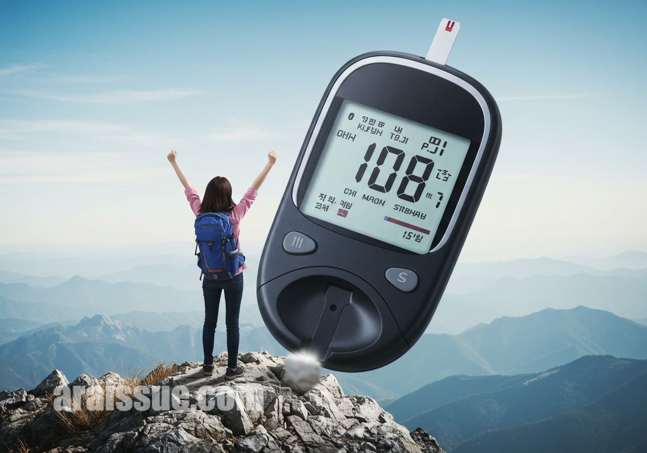 산 정상에서 팔을 들어 승리를 축하하는 한국 사람. 혈당 조절을 통한 건강한 라이프스타일의 성공을 상징합니다. 밝은 하늘과 넓은 풍경은 희망과 성취를 나타내며, 긍정적인 다이어트 성공을 강조합니다.